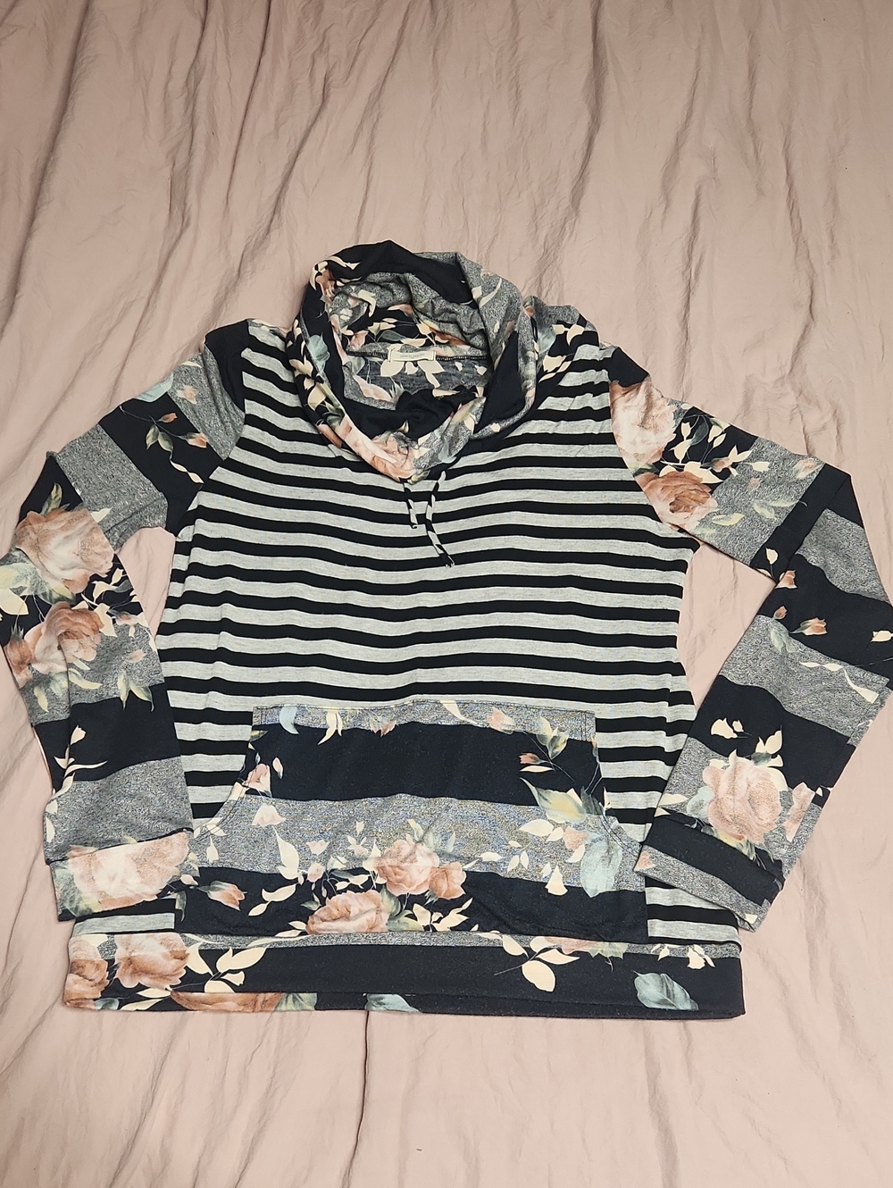 12 Pm By Mon Ami Navy Striped Hoodie with Floral Accents